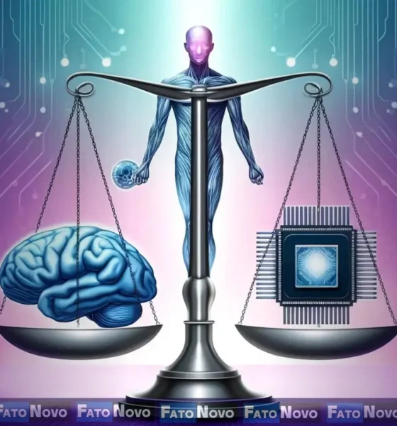 Representação visual de uma IA com valores éticos e neutros, simbolizando equilíbrio entre tecnologia e princípios sociais.