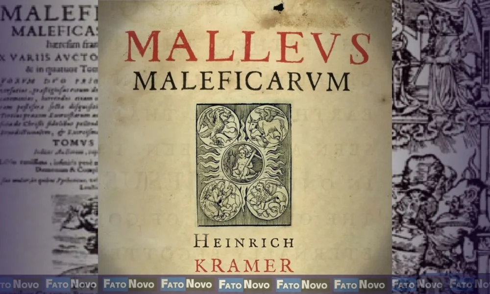 Capa do livro "Martelo das Feiticeiras", publicado no século XV, com letras góticas e ilustrações de época.