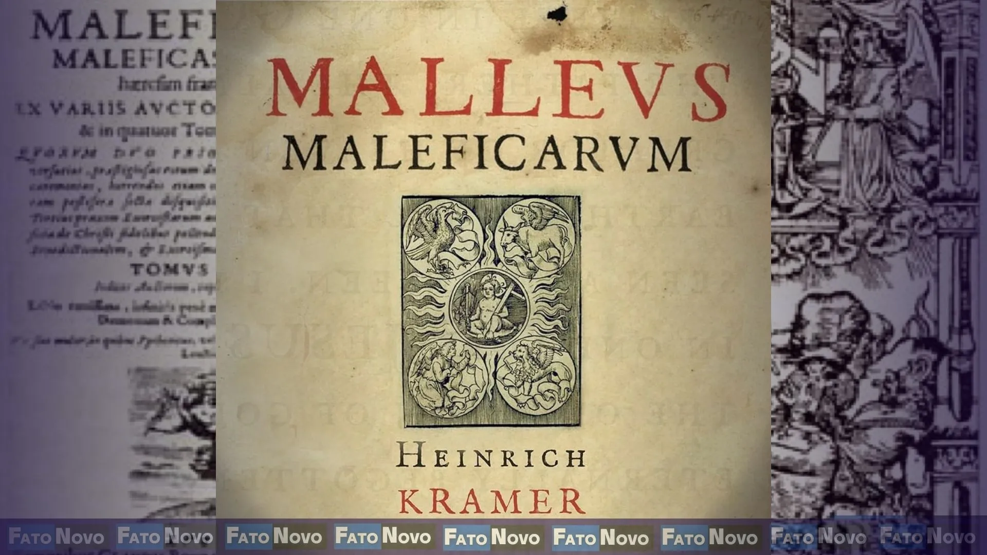 Capa do livro "Martelo das Feiticeiras", publicado no século XV, com letras góticas e ilustrações de época.