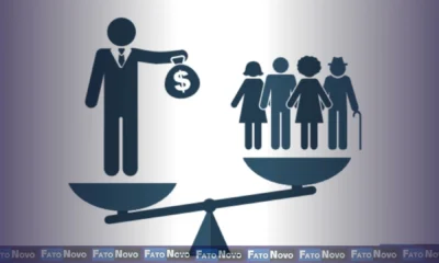Ilustração de uma balança representando equidade tributária entre diferentes classes de renda.